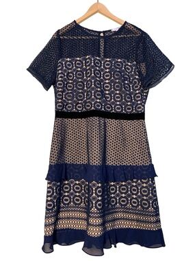 Chelsea28 Women's Velveteen Belt Lace Sheath Midi Dress Navy Sapphire XL